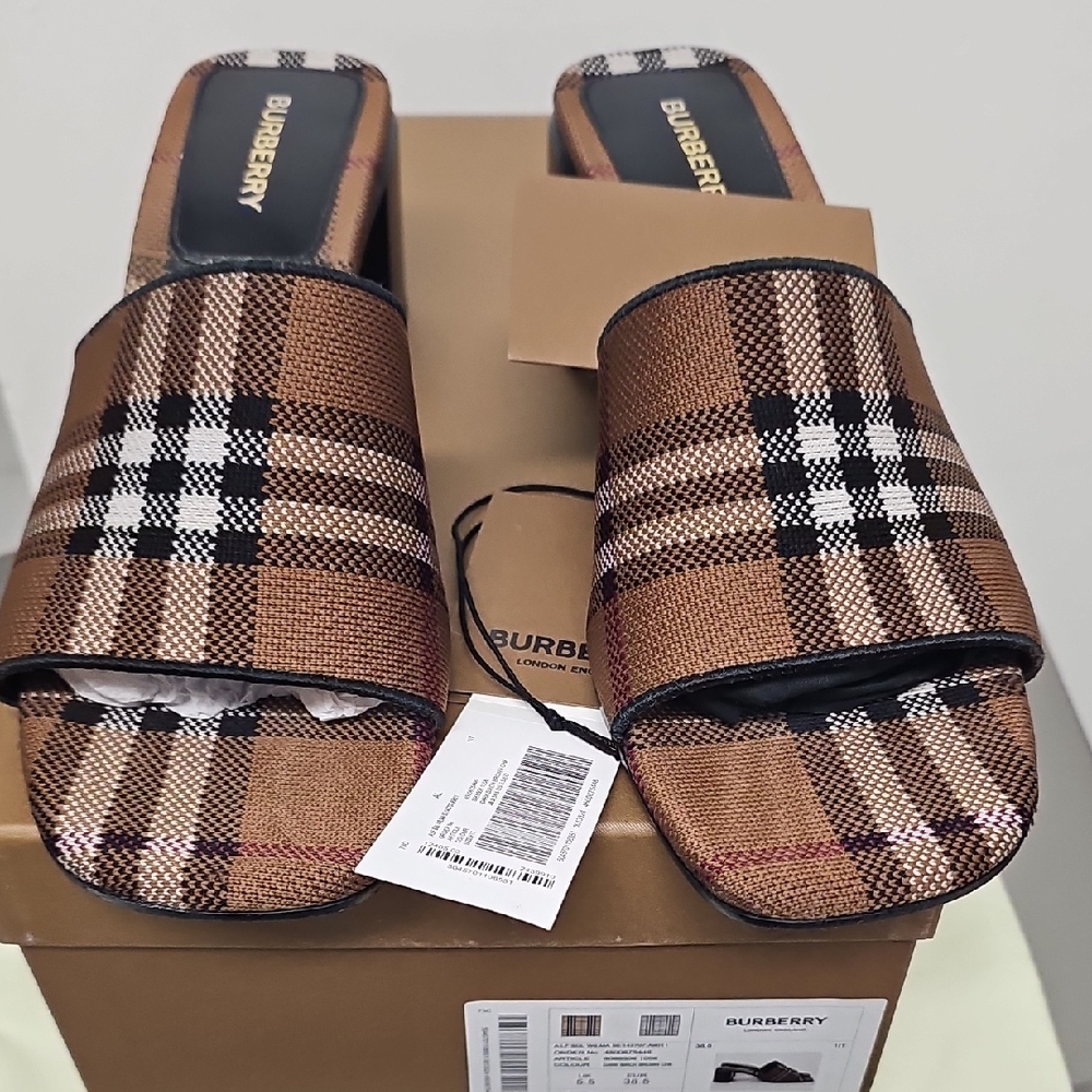 Burberry Brown Plaid Slide Sandals with Black and White Accents